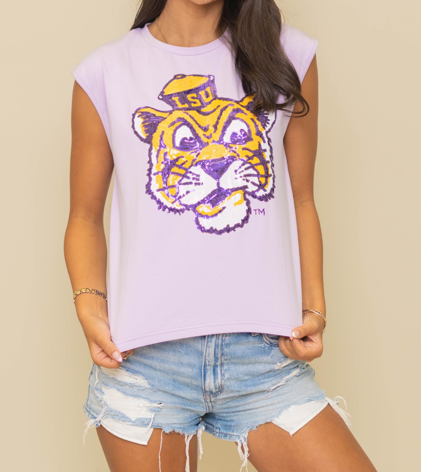 LSU Vintage Louisiana State University (LICENSED) | Women's Sequin Design Boxy Tank (Lavender)