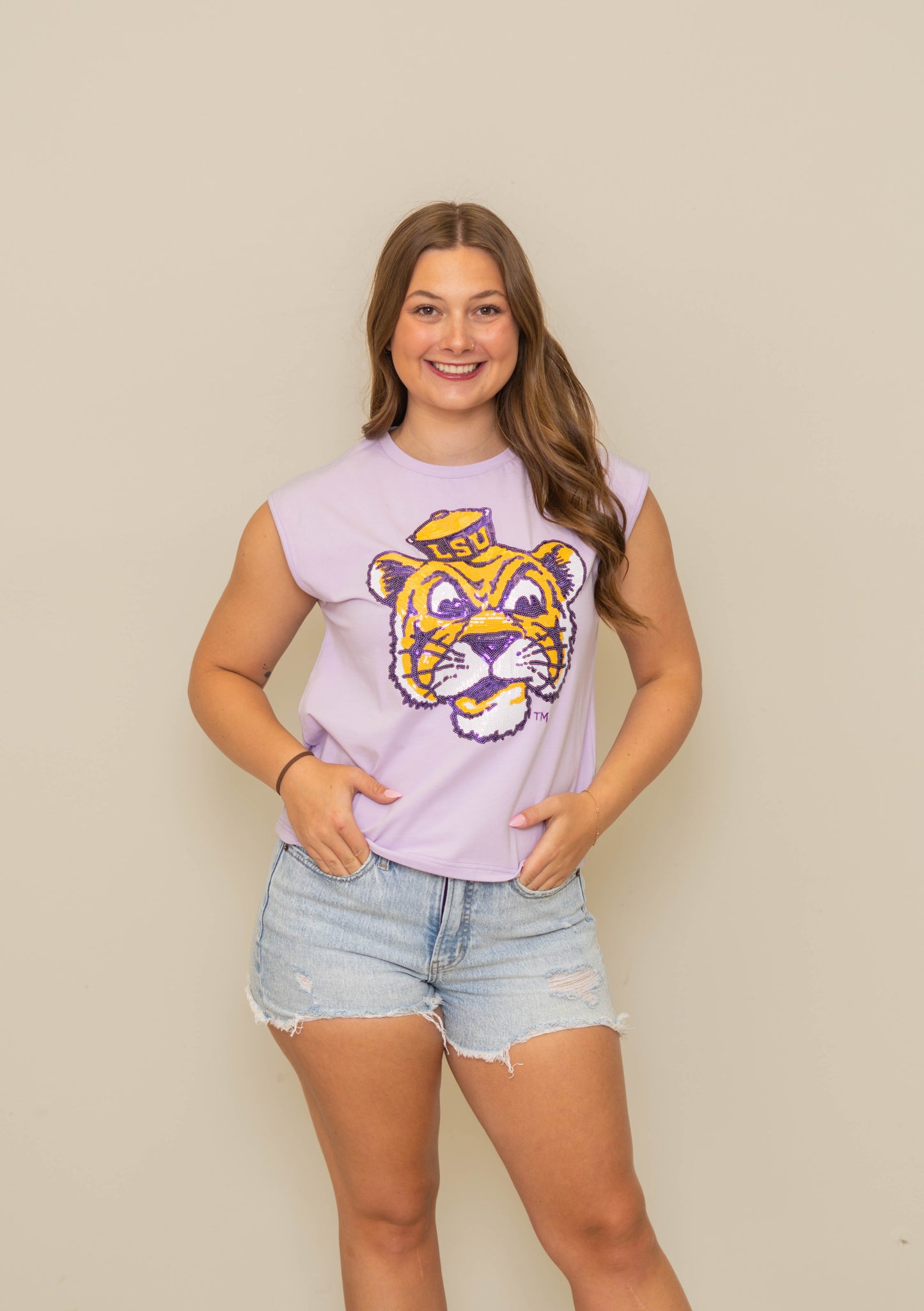 LSU Vintage Louisiana State University (LICENSED) | Women's Sequin Design Boxy Tank (Lavender)