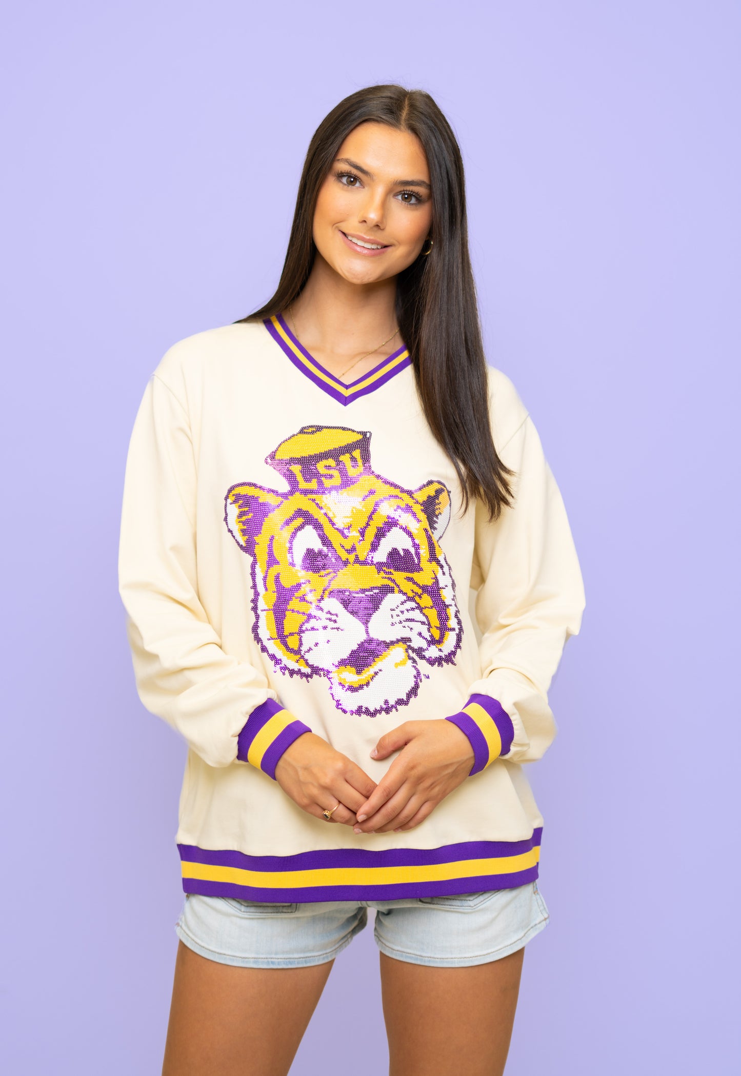 LSU Vintage (Licensed) | Women's Sequin Design Varsity Stripe Pullover (Cream)