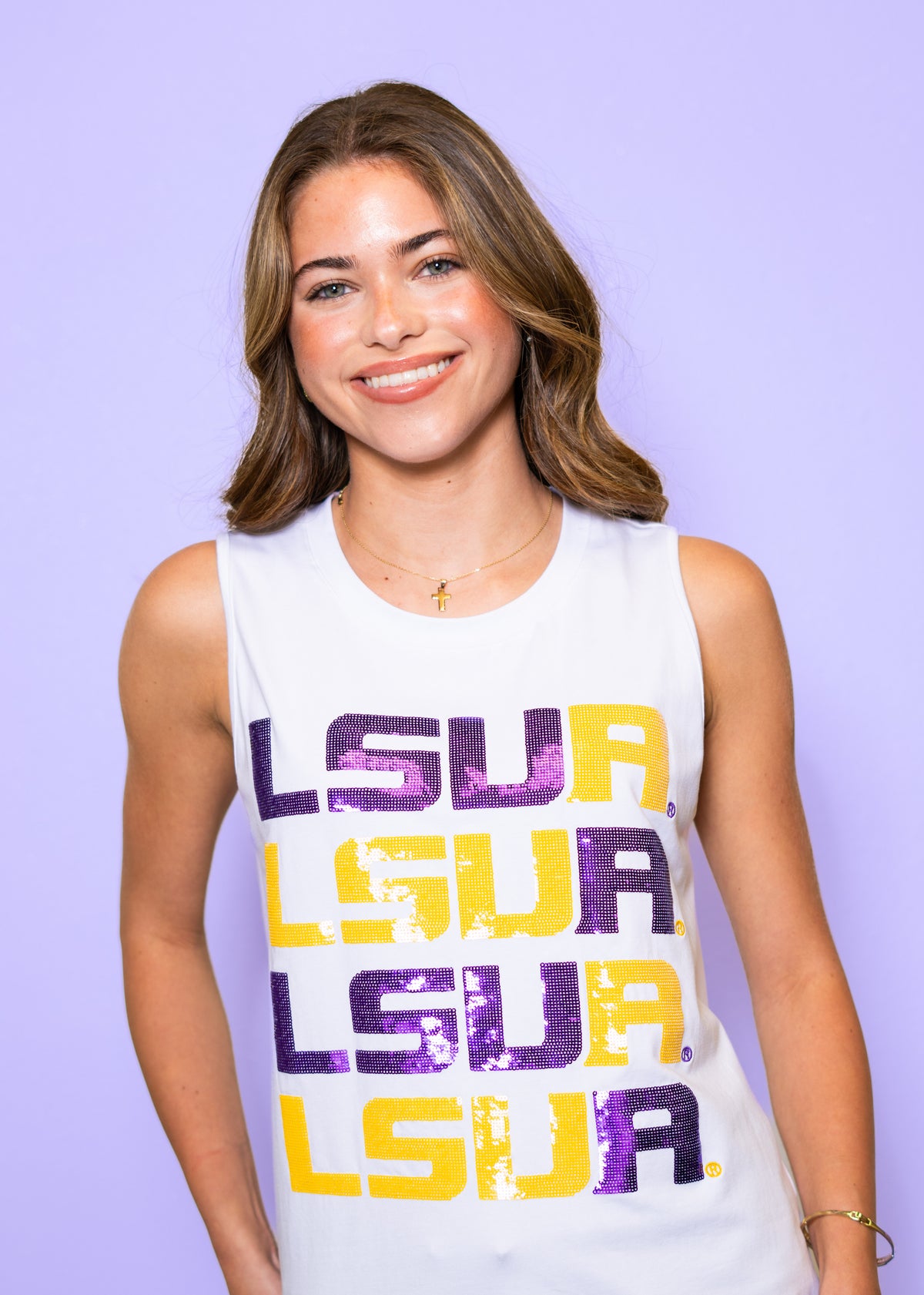 LSUA Quad Block (LICENSED) | Women's Sequin Design Tank (White)