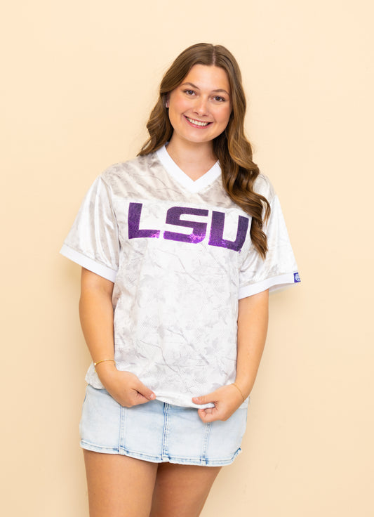 **PRE-ORDER ONLY** Wholesale | LSU (Licensed) | Women's Sequin Design Football Jersey (White Camo)