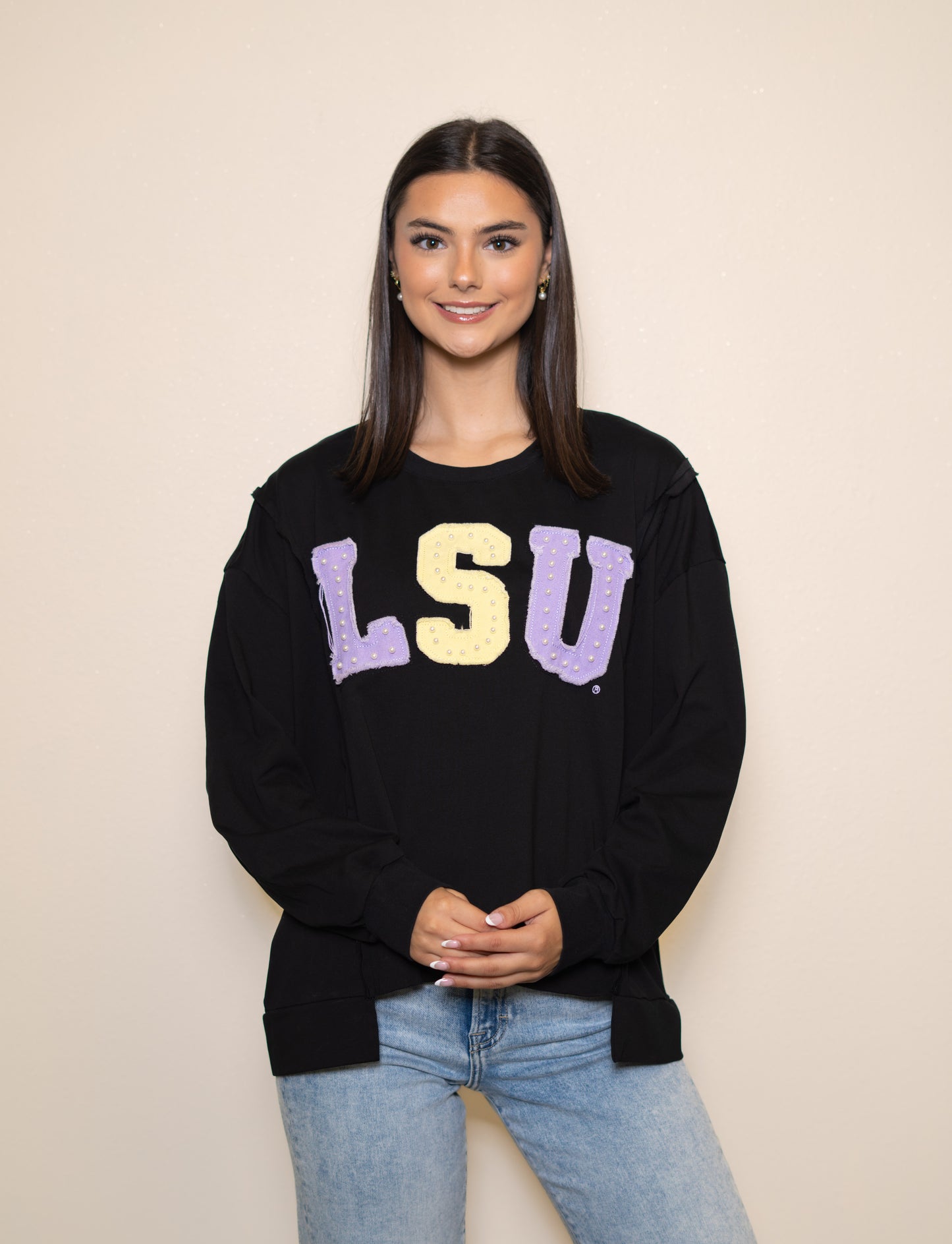 **PRE-ORDER ONLY** Wholesale | LSU (Licensed) | Women's Distressed Embroidery Pullover (Black)