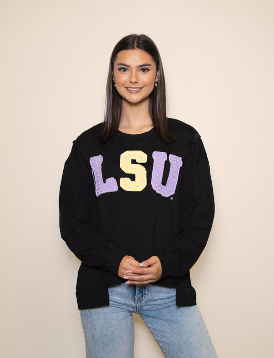 **PRE-ORDER ONLY** Wholesale | LSU (Licensed) | Women's Distressed Embroidery Pullover (Black)