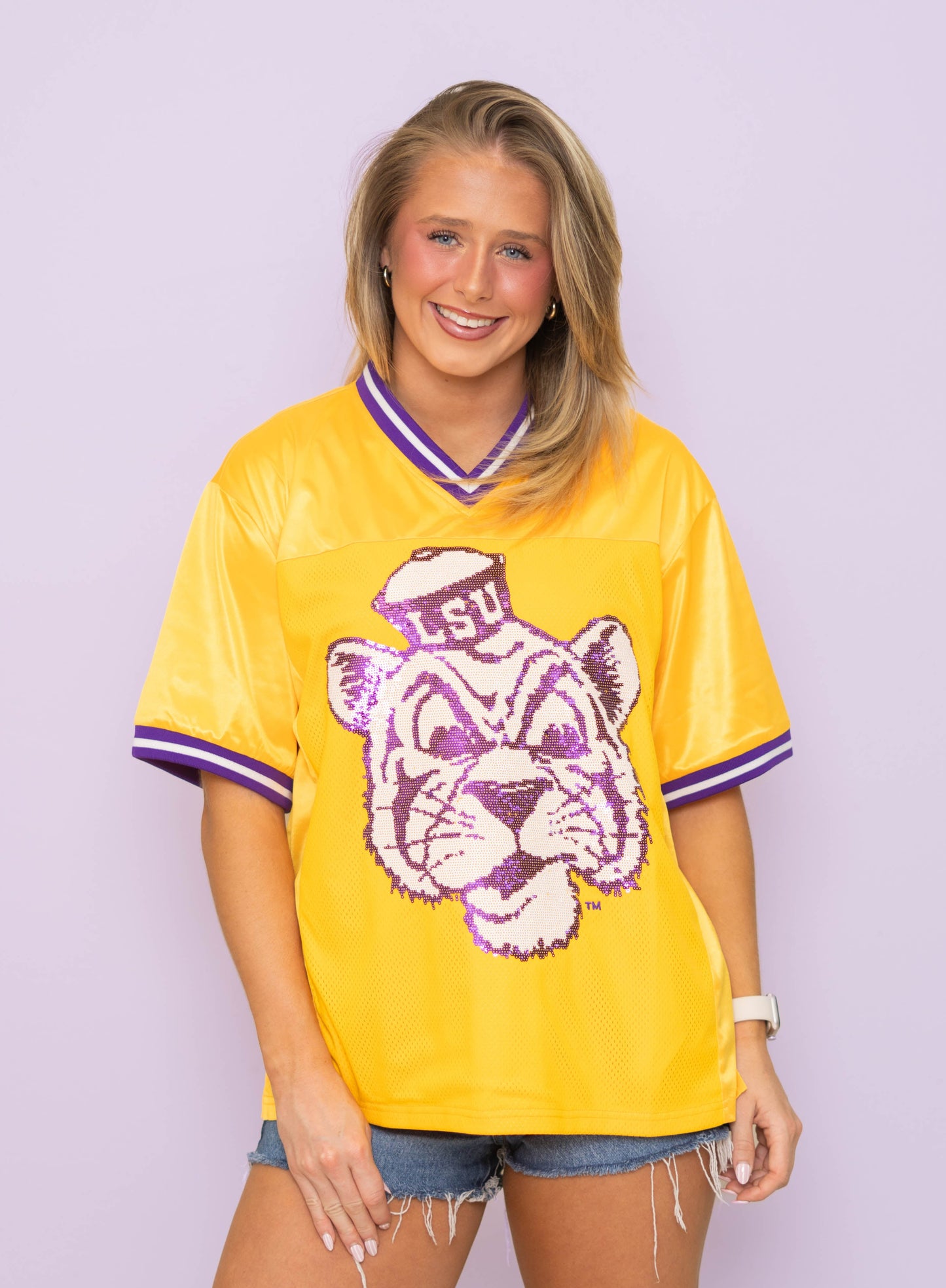 **PRE-ORDER ONLY** Wholesale | LSU (Licensed) | Women's Sequin Design Football Jersey (Gold)