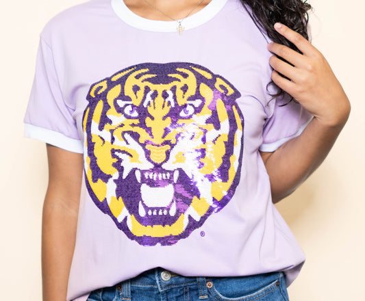 **PRE-ORDER ONLY** Louisiana State University Tiger (LICENSED) | Women's Sequin Design Tee (Lavender)
