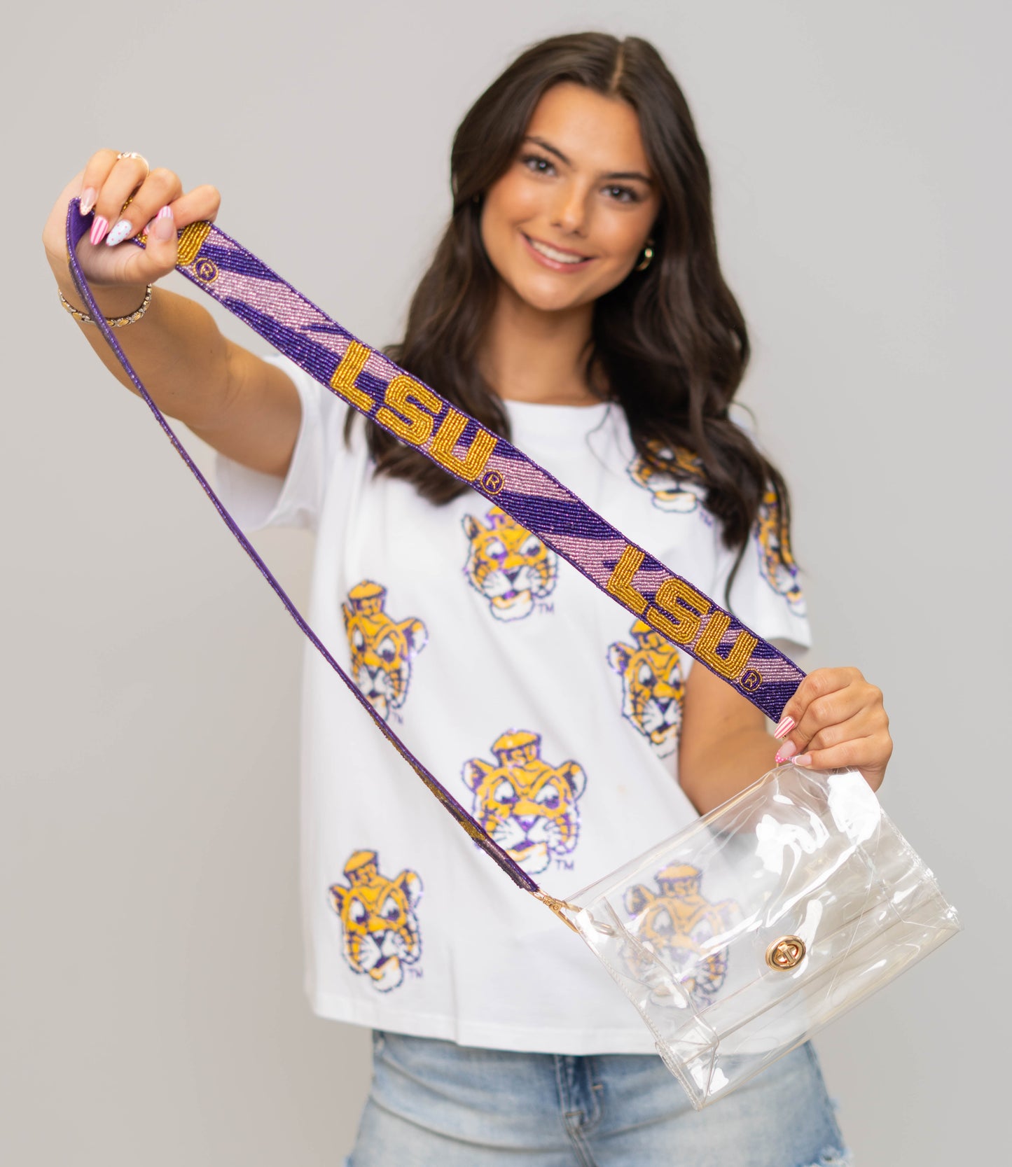 LSU Tiger Striped (Licensed) | Custom Beaded Purse Strap (Lavender & Purple Tiger Stripe)