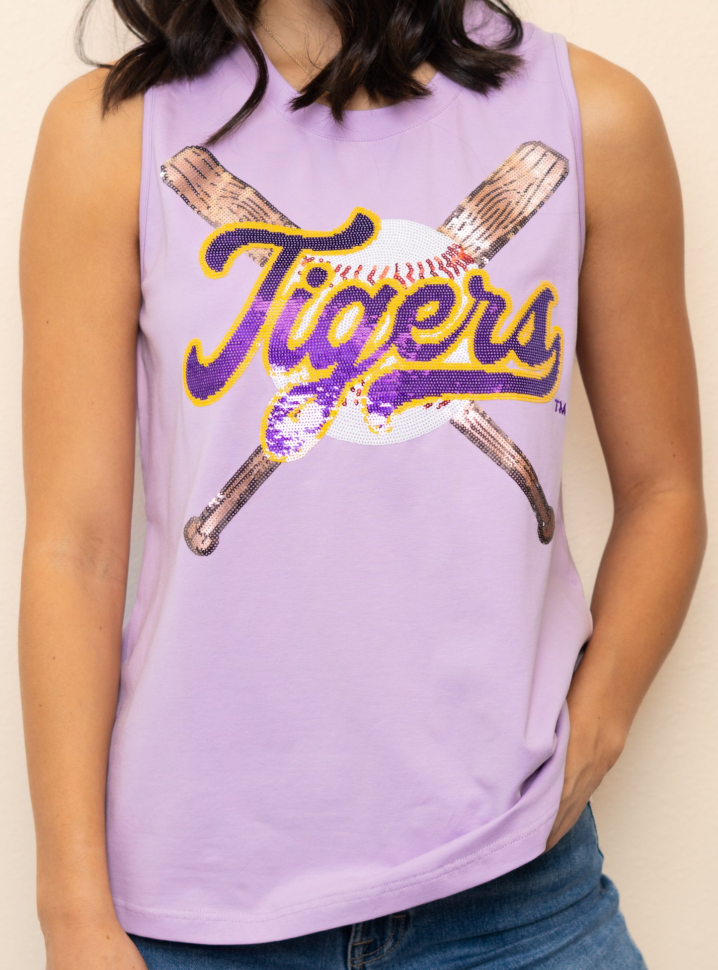 LSU Tigers Criss-Cross Baseball Bats Tank (LICENSED) | Women's Sequin Design Tank (Lavender)