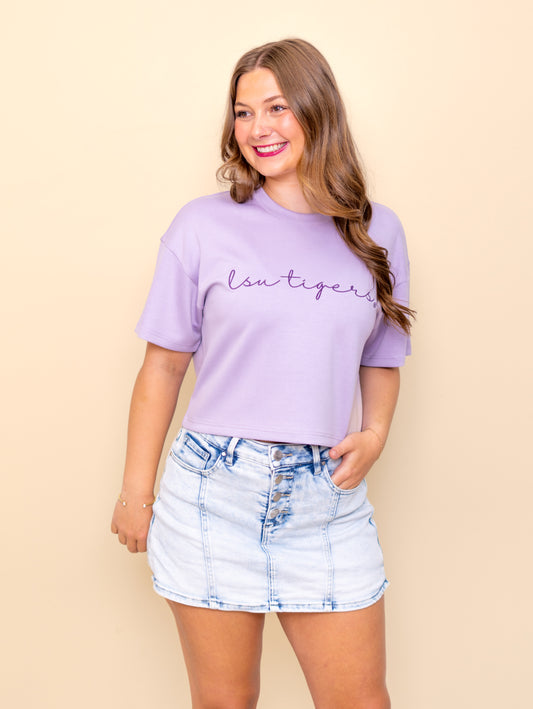 LSU Tigers (Licensed) | Women's Buttery Soft Crop Tee (Lavender)