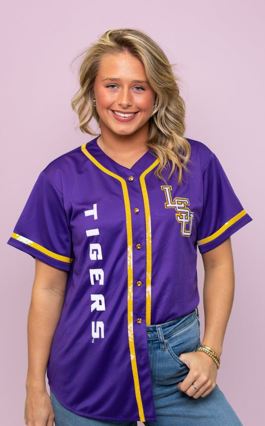 LSU Tigers (Licensed) | Women's Sequin Embroidery Baseball Jersey (Purple)