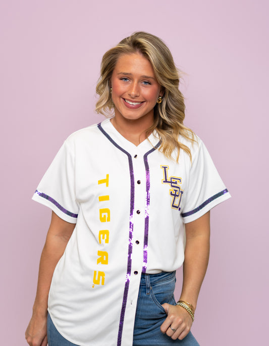 LSU Tigers (Licensed) | Women's Sequin Embroidery Baseball Jersey (White)