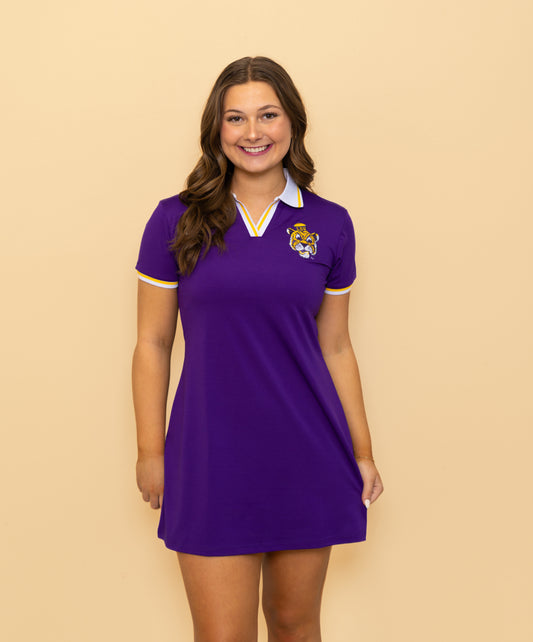 **PRE-ORDER ONLY** LSU Vintage Tiger (Licensed) | Women's Embroidery Polo Dress (Purple)