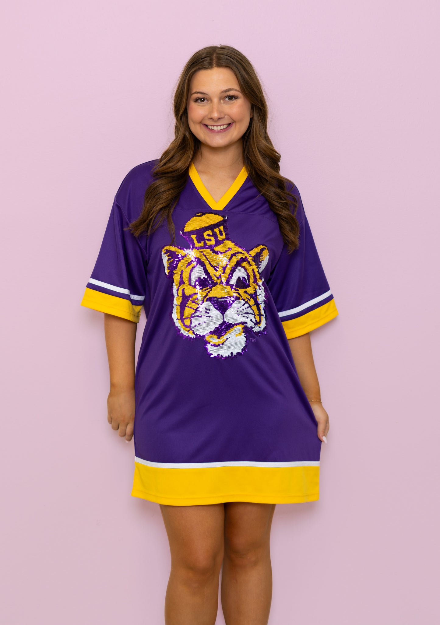 LSU Vintage (LICENSED) | Women's Sequin Design Football Jersey Dress (Purple)