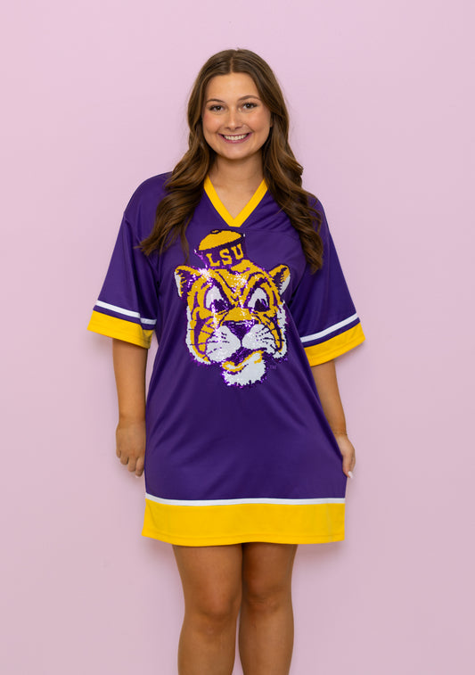 LSU Vintage (LICENSED) | Women's Sequin Design Football Jersey Dress (Purple)