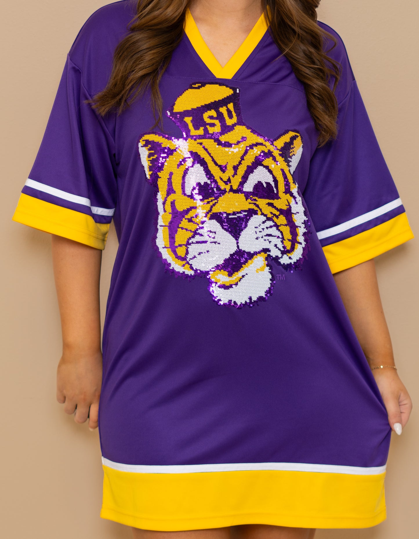 LSU Vintage (LICENSED) | Women's Sequin Design Football Jersey Dress (Purple)