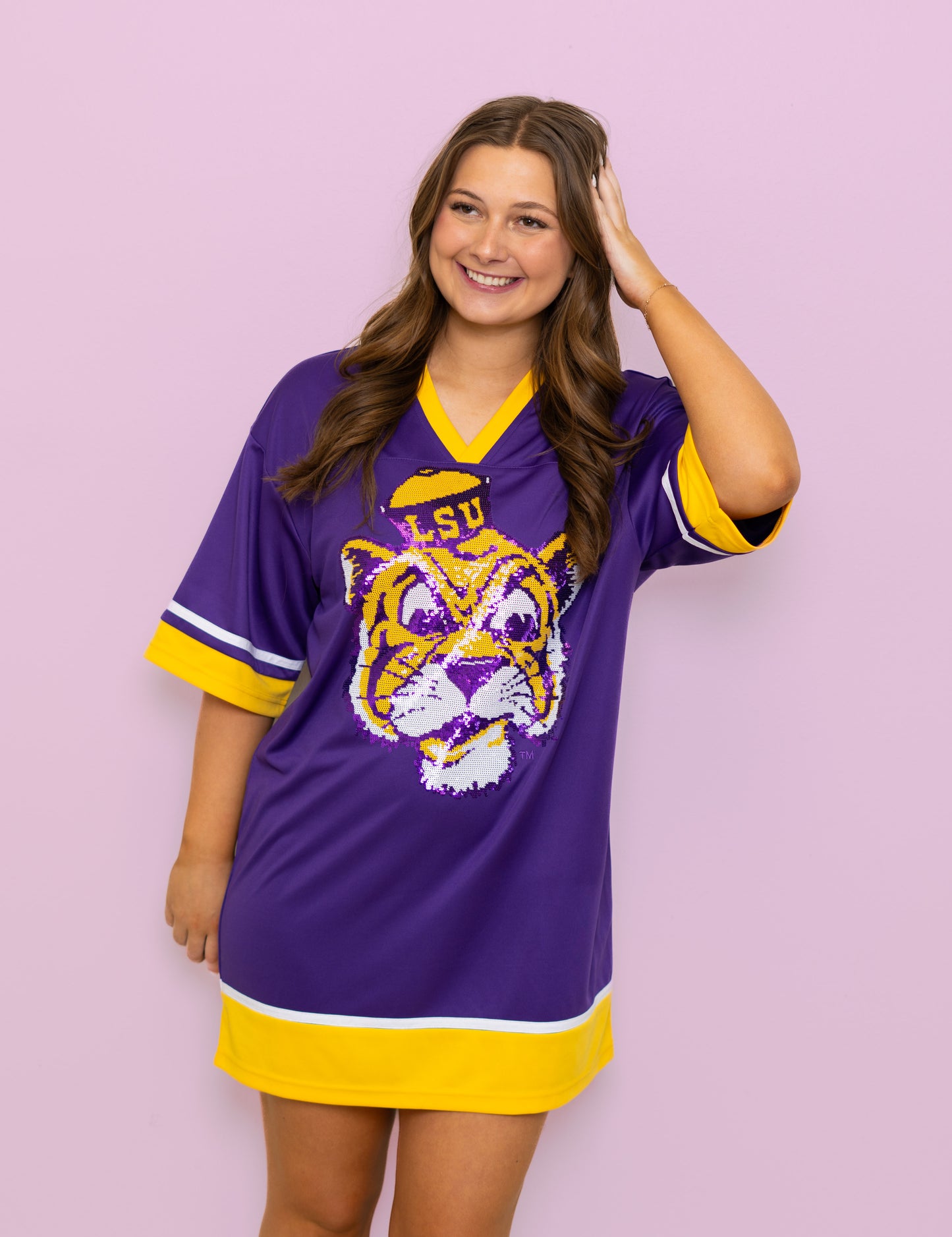 LSU Vintage (LICENSED) | Women's Sequin Design Football Jersey Dress (Purple)
