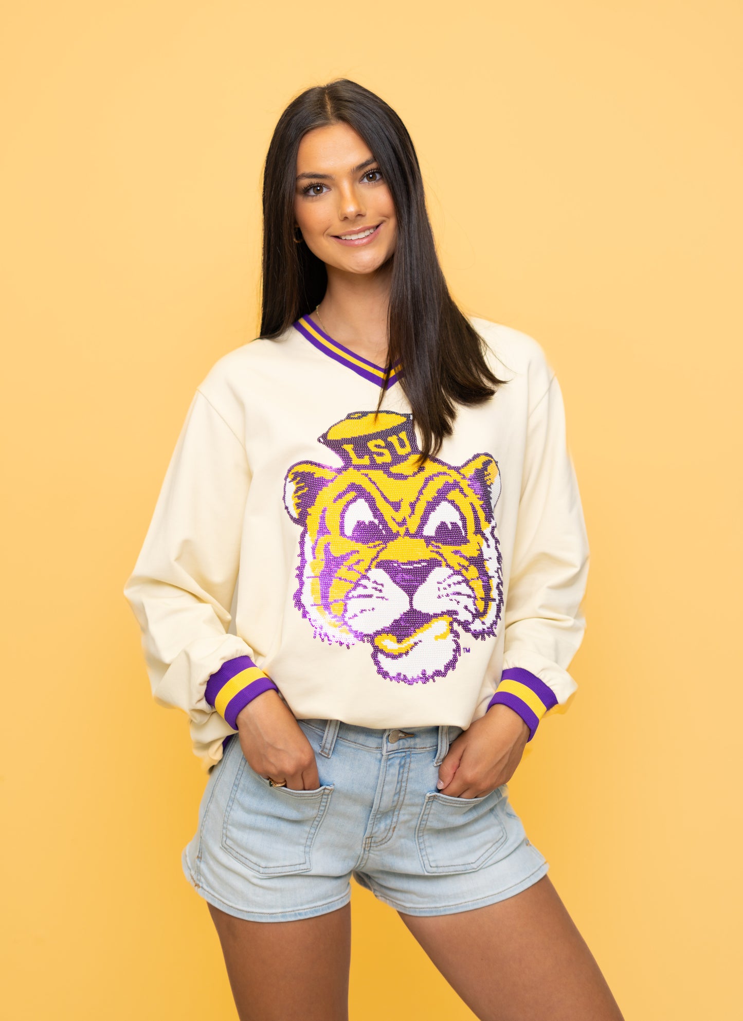 LSU Vintage (Licensed) | Women's Sequin Design Varsity Stripe Pullover (Cream)