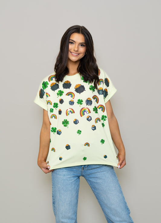 **PRE-ORDER ONLY**  Scattered St. Patty Lucky Charms | Women's Sequin Embroidery Cuff Sleeve Tee (Green)