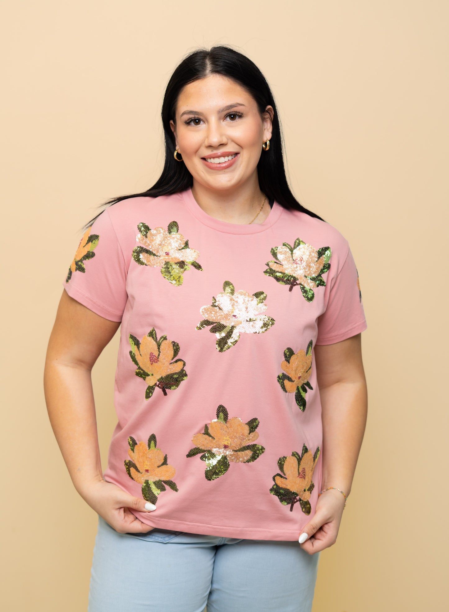 Dusty Rose Magnolia | Women's Sequin Design Tee (Dusty Rose)