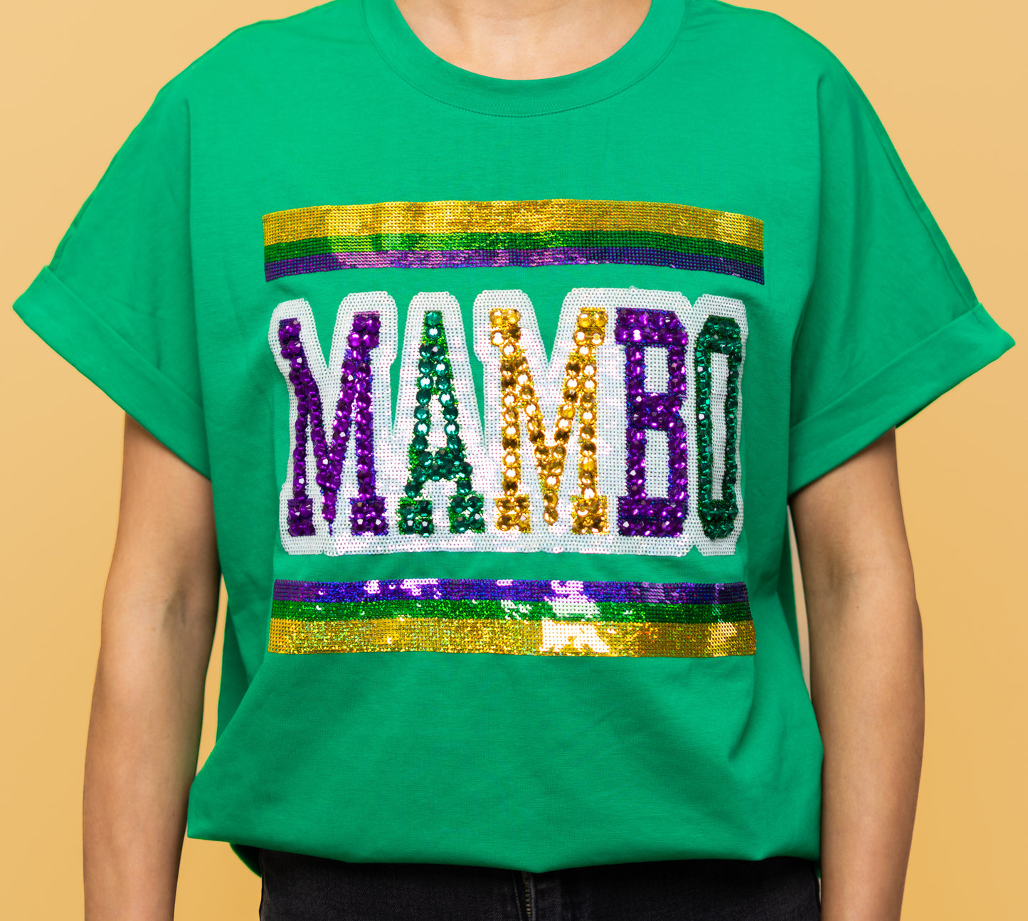 Mardi Gras Mambo | Women's Sequin + Jeweled Cuff Sleeve Tee (Green)
