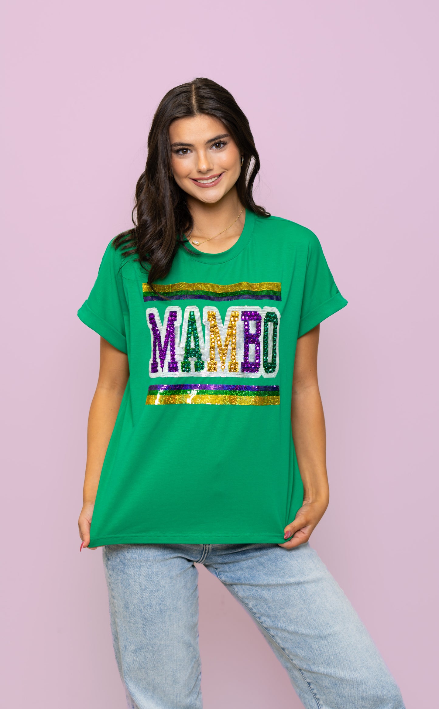 Mardi Gras Mambo | Women's Sequin + Jeweled Cuff Sleeve Tee (Green)