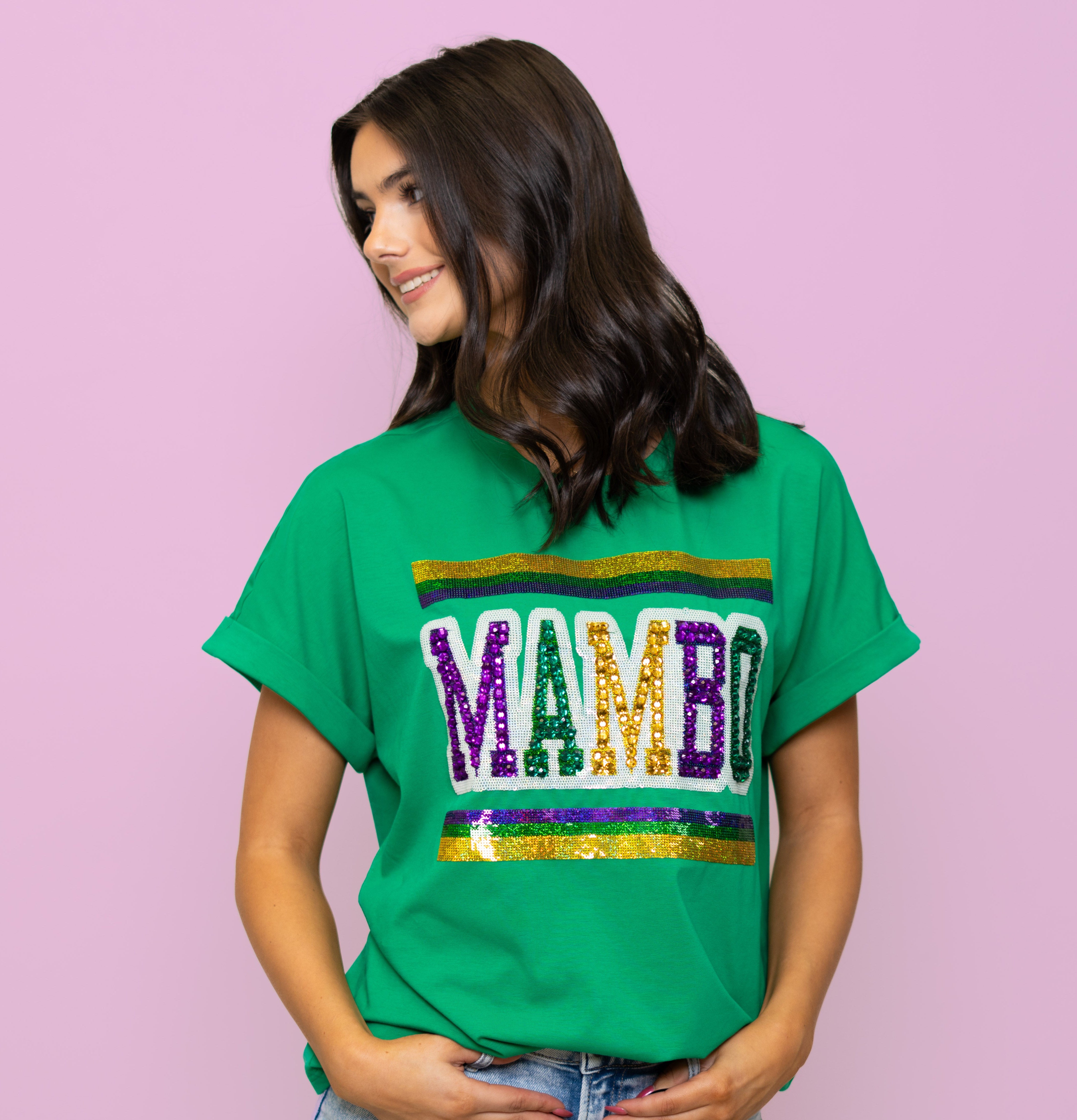 Mardi Gras Mambo | Women's Sequin + Jeweled Cuff Sleeve Tee (Green ...