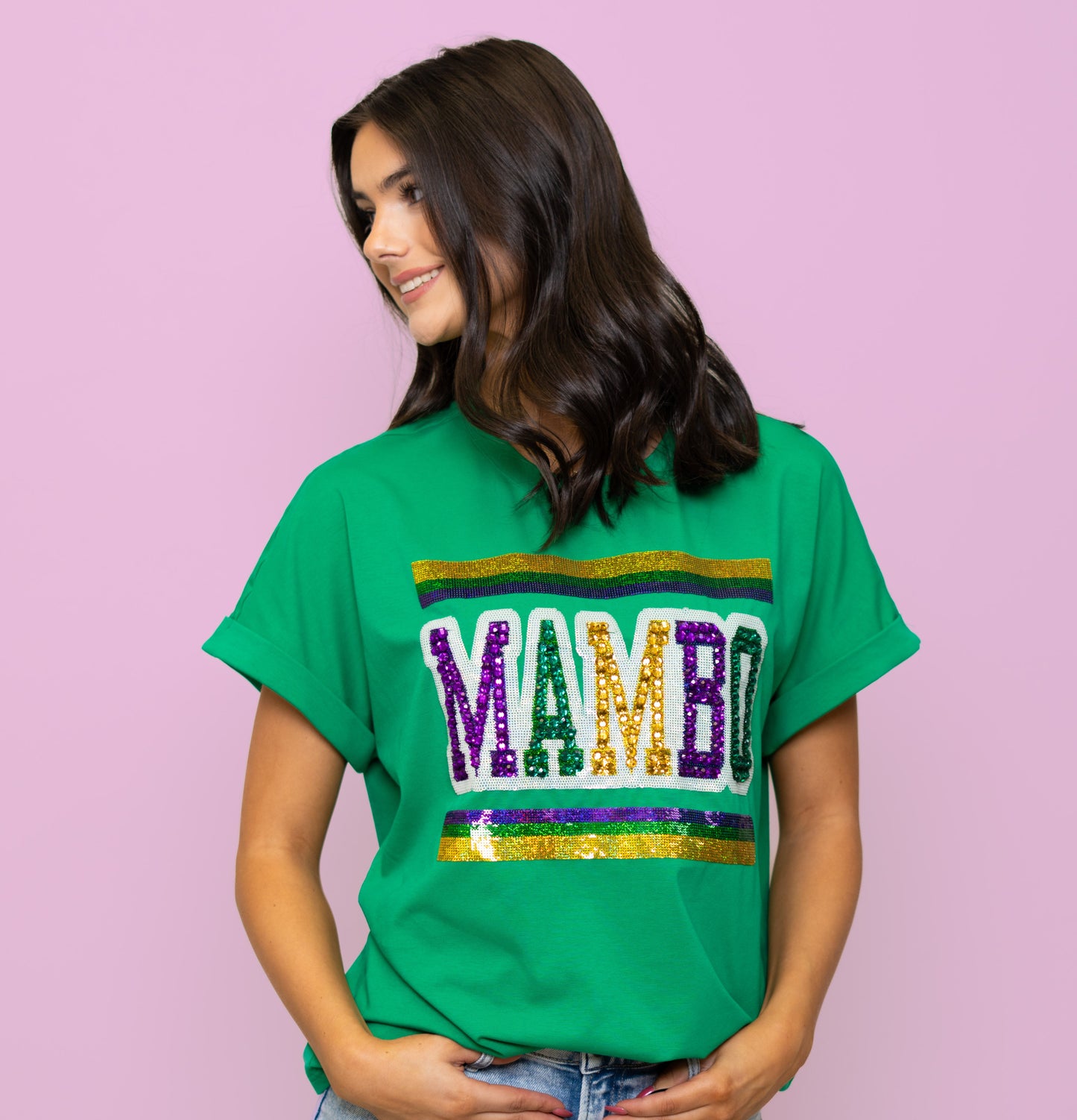 Mardi Gras Mambo | Women's Sequin + Jeweled Cuff Sleeve Tee (Green)