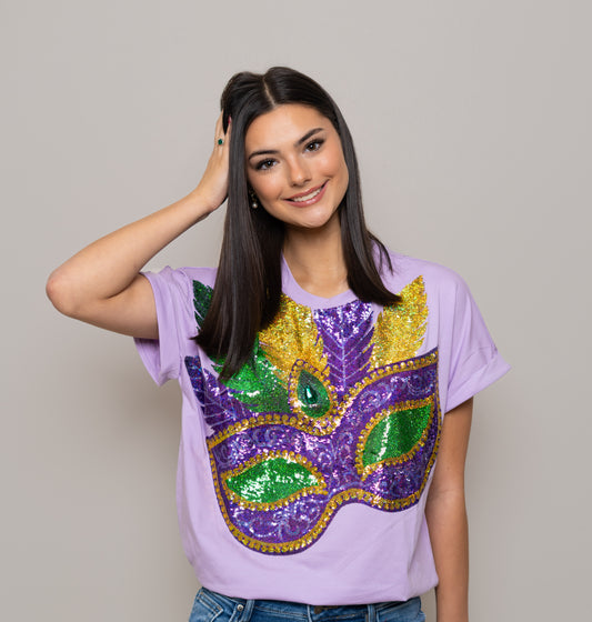 Mardi Gras Mask | Women's Sequin Design Cuff Sleeve Tee (Lavender)