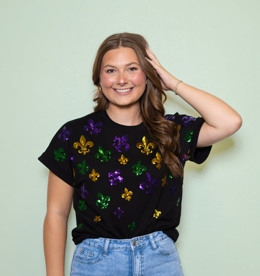 **PRE-ORDER ONLY** Tiny Scattered Mardi Gras Fleur De Lis | Women's Cuff Sleeve Tee (Black)