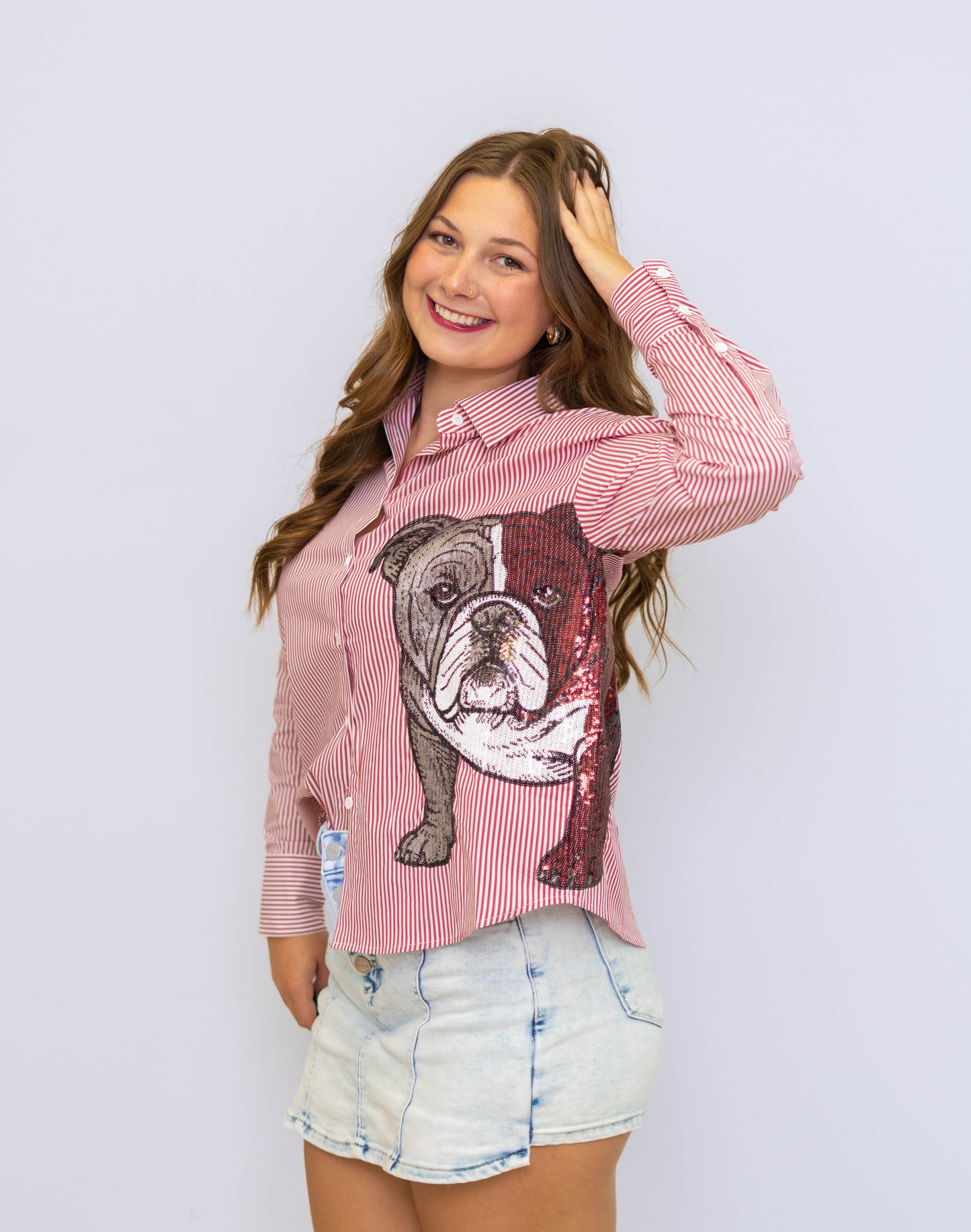Women's Maroon Striped Button Down Sequin Bulldog Shirt