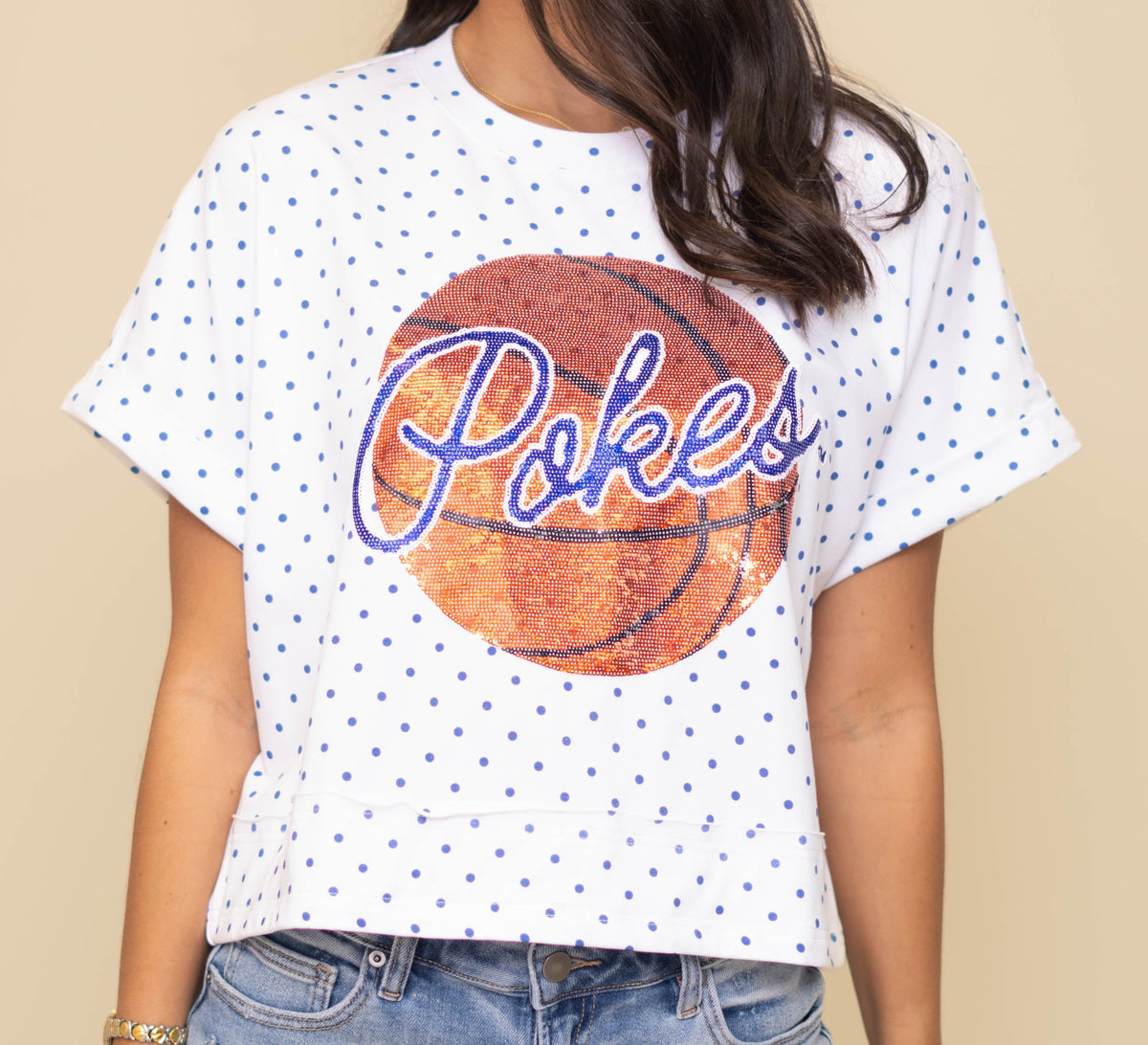 **PRE-ORDER ONLY** Wholesale | McNeese Basketball (Licensed) | Polka Dot Exposed Seam Crop (Blue Polka Dot)