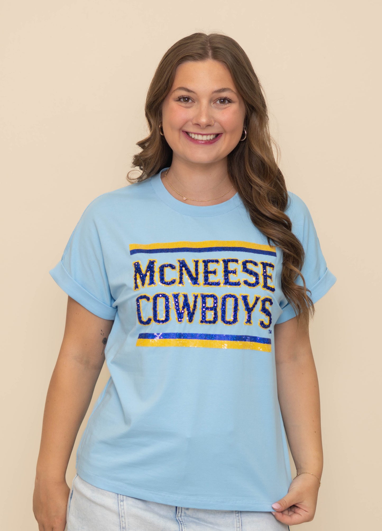 **PRE-ORDER ONLY** Wholesale | McNeese Cowboys (Licensed) | Women's Sequin + Jewel Design Cuff Sleeve (Blue)