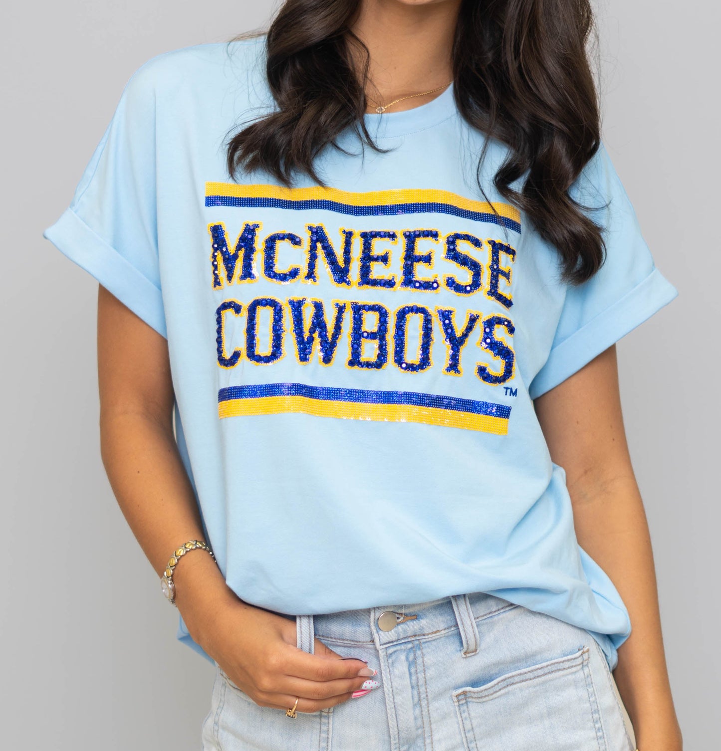 **PRE-ORDER ONLY** Wholesale | McNeese Cowboys (Licensed) | Women's Sequin + Jewel Design Cuff Sleeve (Blue)