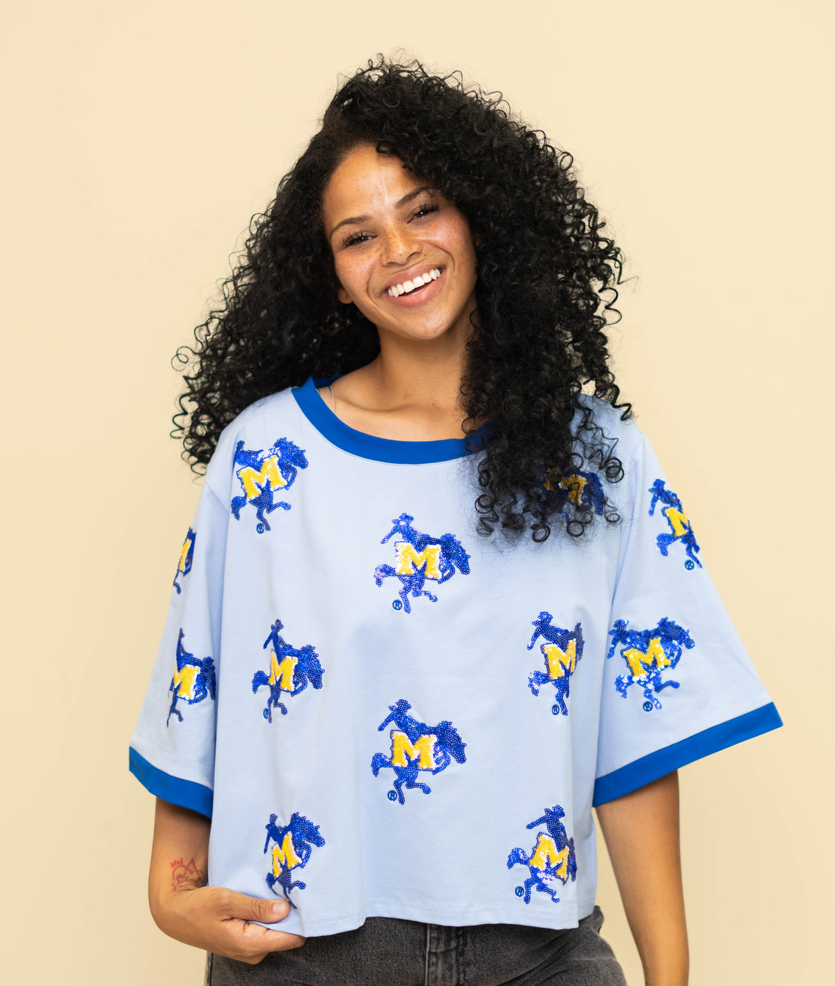 McNeese (Licensed) | Women's Oversized Scattered Crop Tee (Blue)