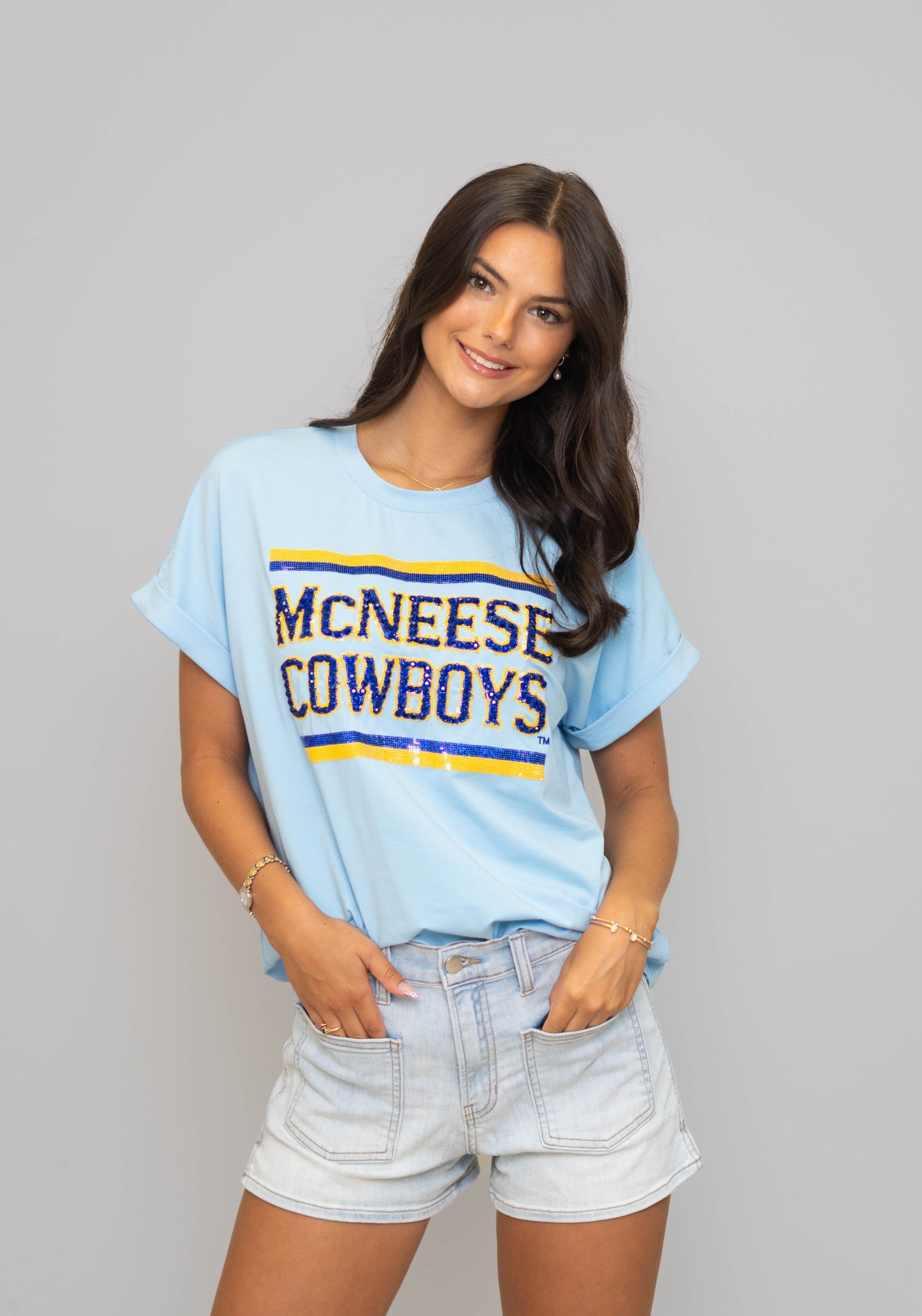 **PRE-ORDER ONLY** Wholesale | McNeese Cowboys (Licensed) | Women's Sequin + Jewel Design Cuff Sleeve (Blue)