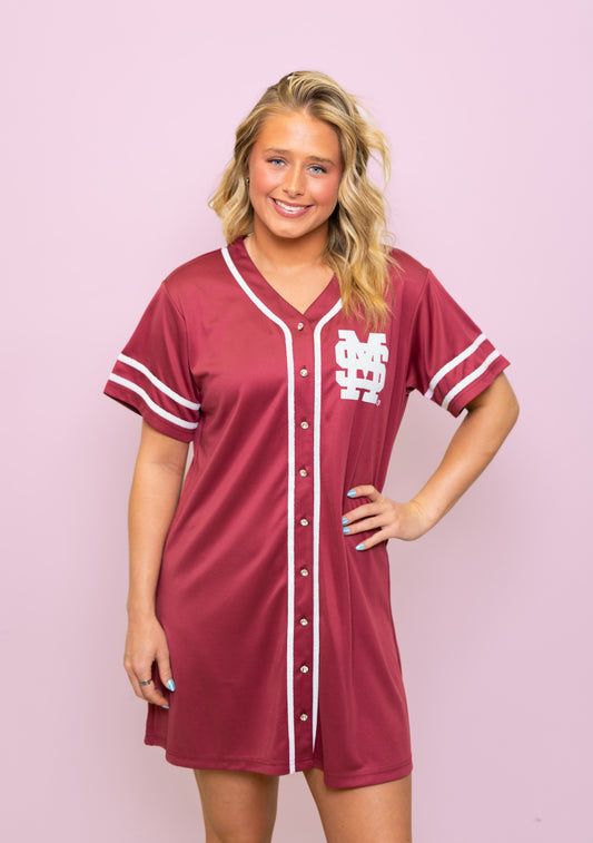 Mississippi State Baseball (Licensed) | Women's Sequin Embroidery Baseball Jersey Dress (Maroon)