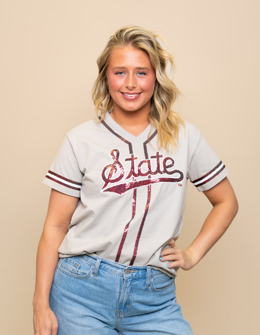 Mississippi State Baseball Logo (Licensed) | Women's Sequin Embroidery Baseball Jersey Tee (Grey)