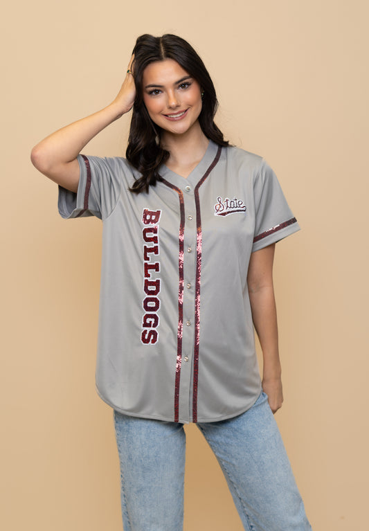 Mississippi State (Licensed) | Women's Sequin Embroidery Baseball Jersey (Grey)