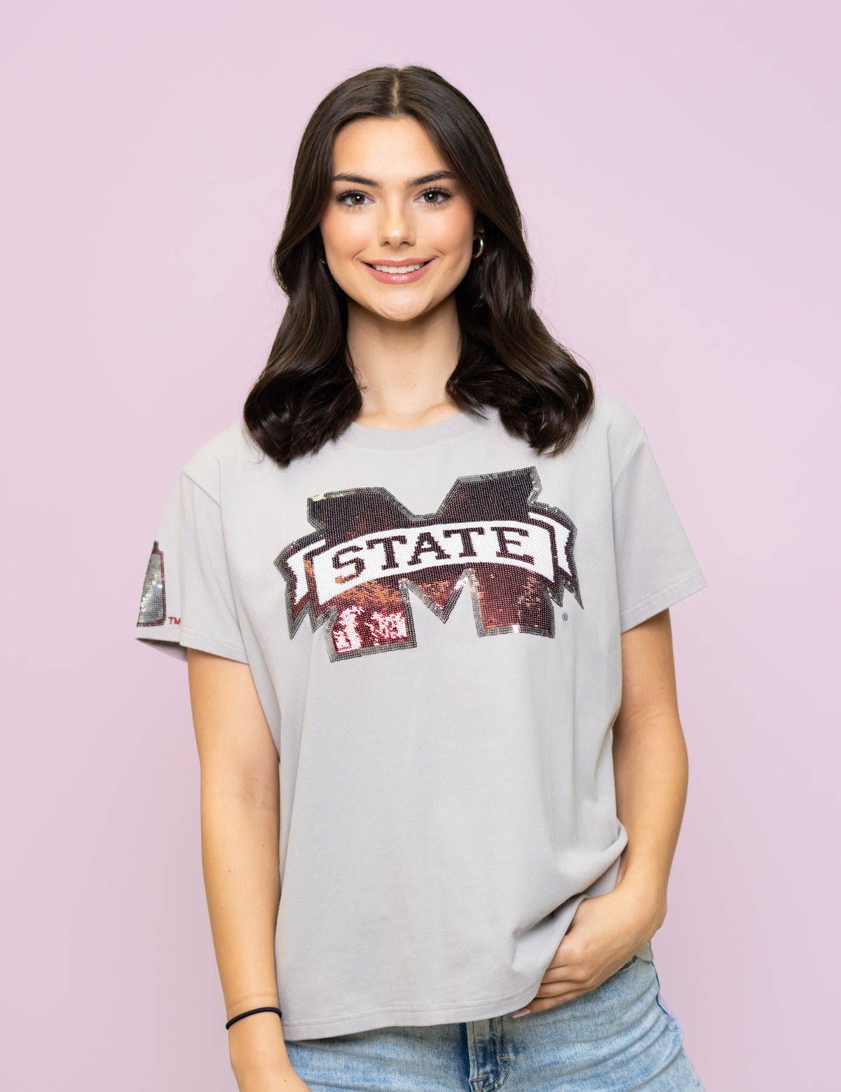 Mississippi State Logo with Cowbell (LICENSED) | Women's Sequin Design Tee (Grey)