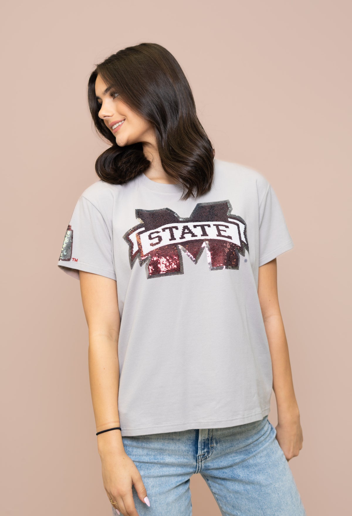 Mississippi State Logo with Cowbell (LICENSED) | Women's Sequin Design Tee (Grey)