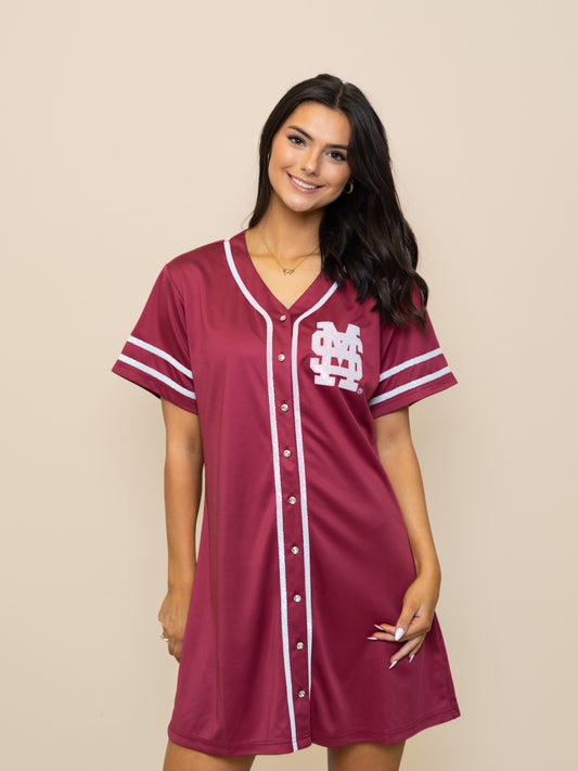 **PRE-ORDER ONLY** Mississippi State Baseball (Licensed) | Women's Sequin Embroidery Baseball Jersey Dress (Maroon)