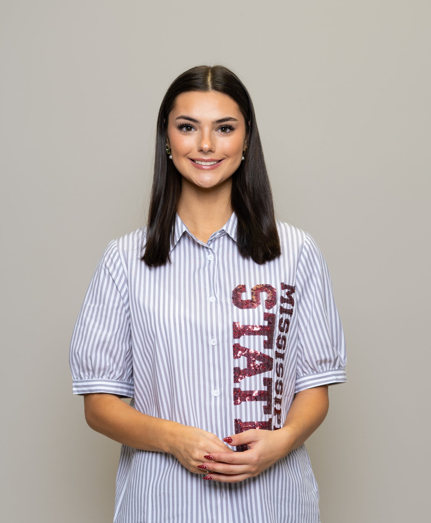 Wholesale | Mississippi State(Licensed) | Women's Vertical Logo Sequin Design Button Down (Maroon Stripe)