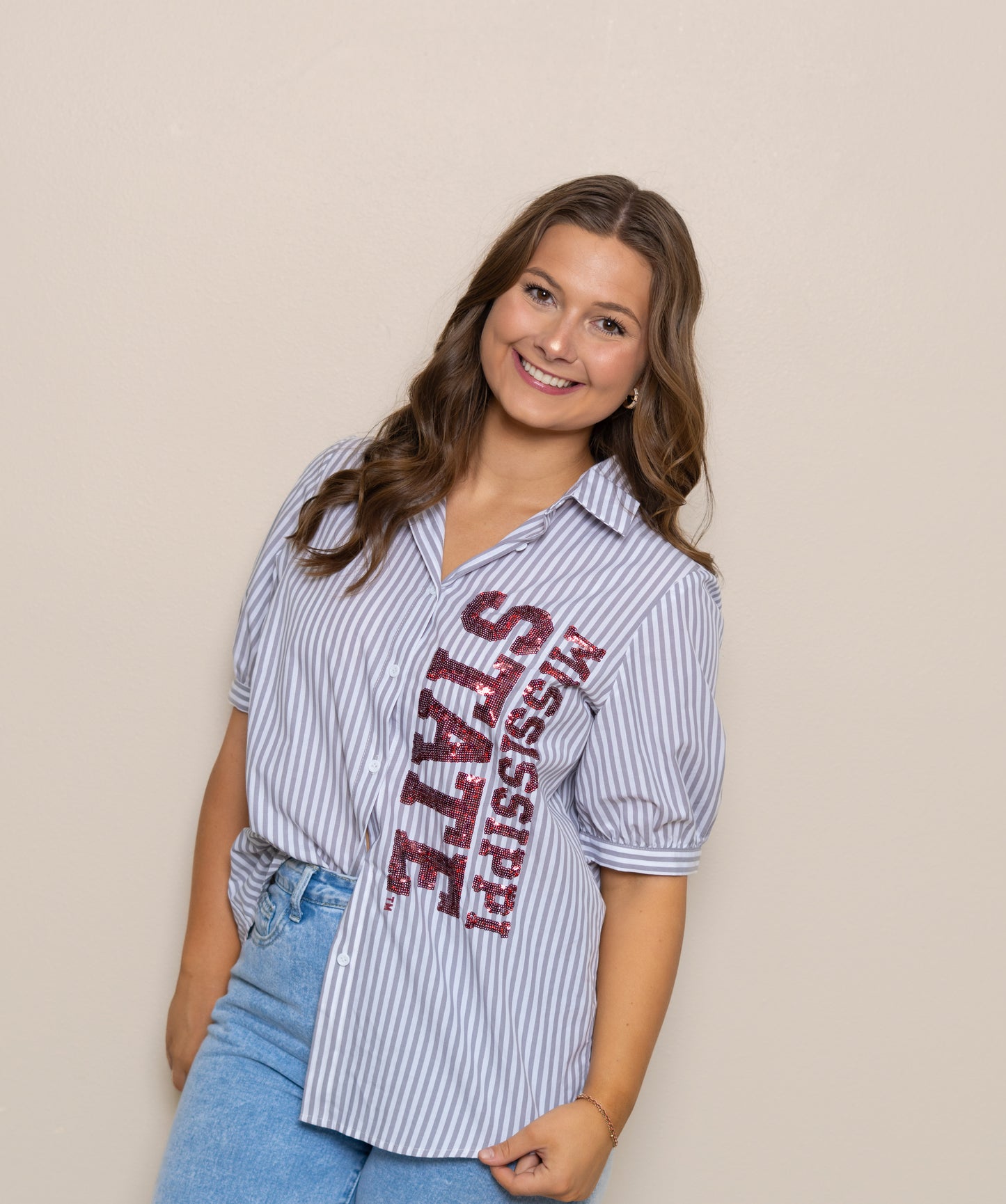 Wholesale | Mississippi State(Licensed) | Women's Vertical Logo Sequin Design Button Down (Maroon Stripe)