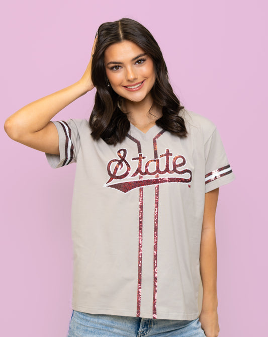 Mississippi State Baseball Logo (Licensed) | Women's Sequin Embroidery Baseball Jersey Tee (Grey)