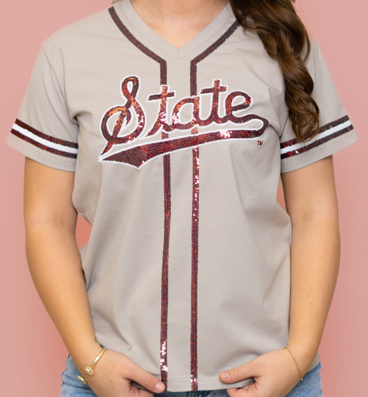 Mississippi State Baseball Logo (Licensed) | Women's Sequin Embroidery Baseball Jersey Tee (Grey)