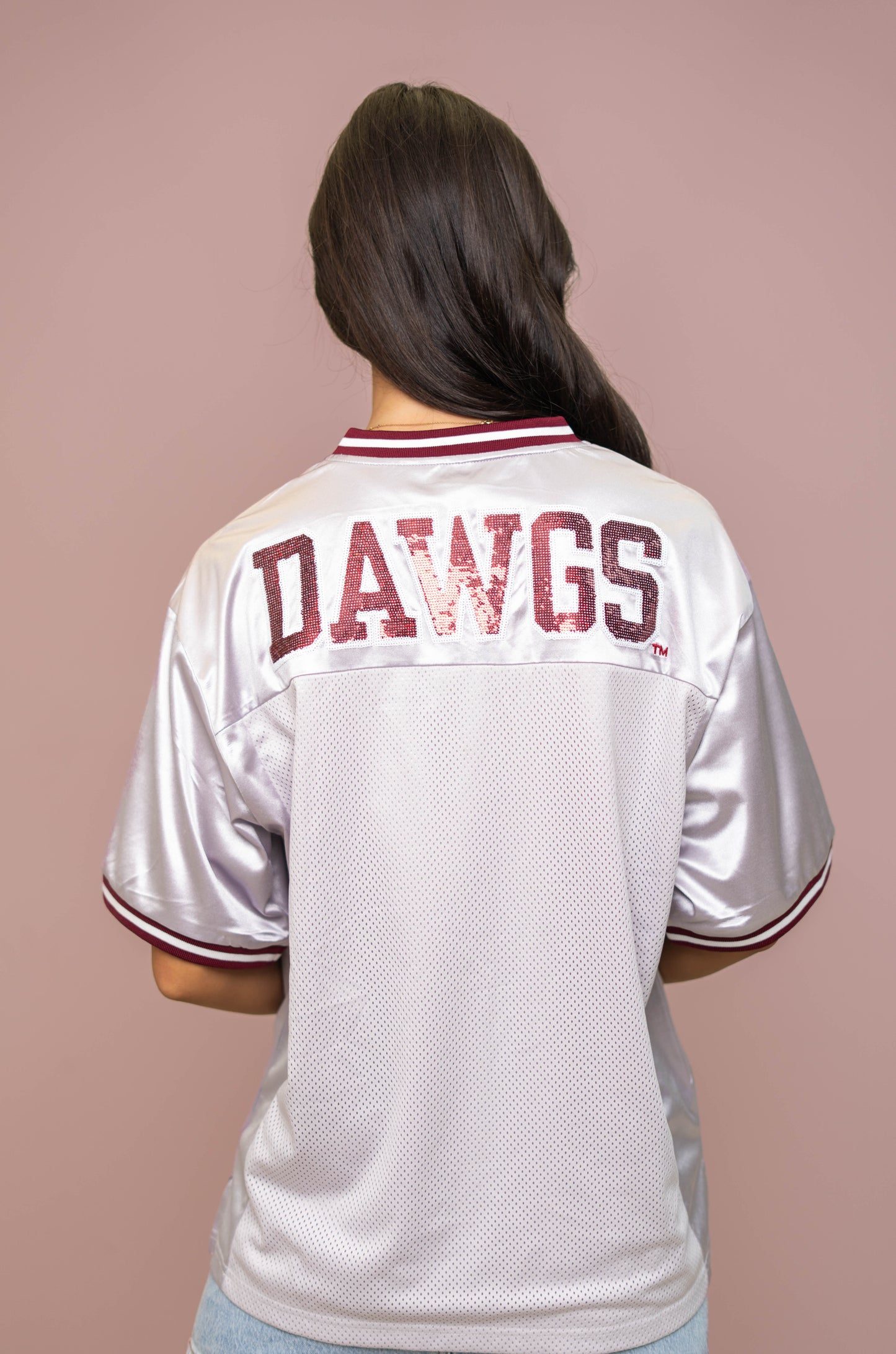 Wholesale | Mississippi State (Licensed) | Women's Sequin Design Football Jersey (Gray)