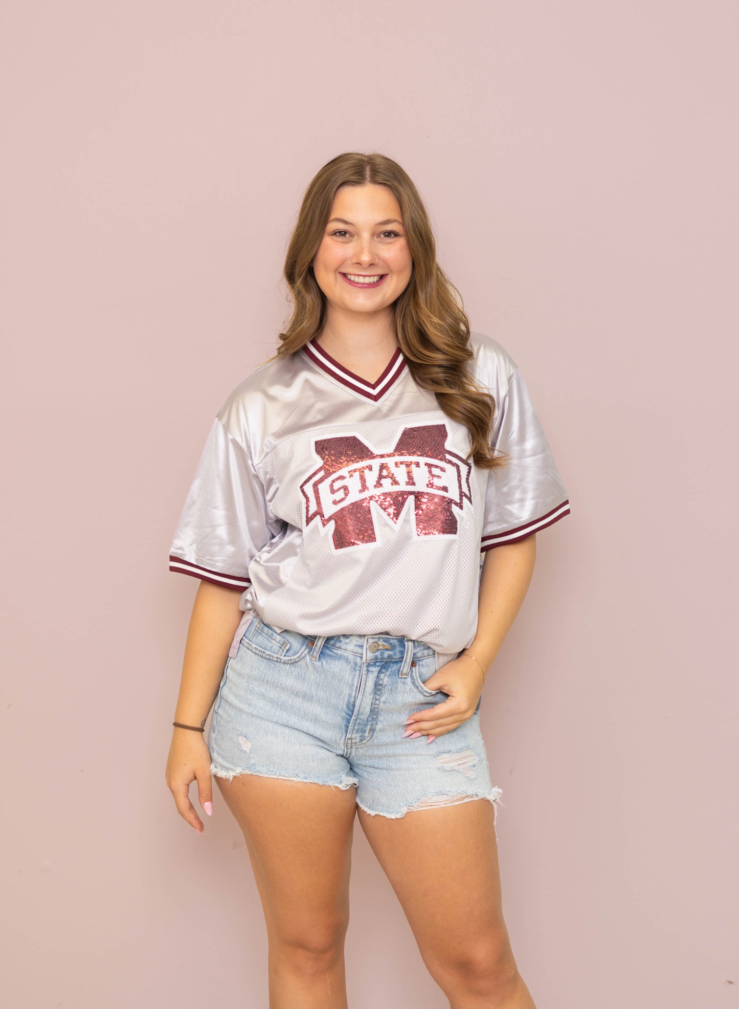 Wholesale | Mississippi State (Licensed) | Women's Sequin Design Football Jersey (Gray)