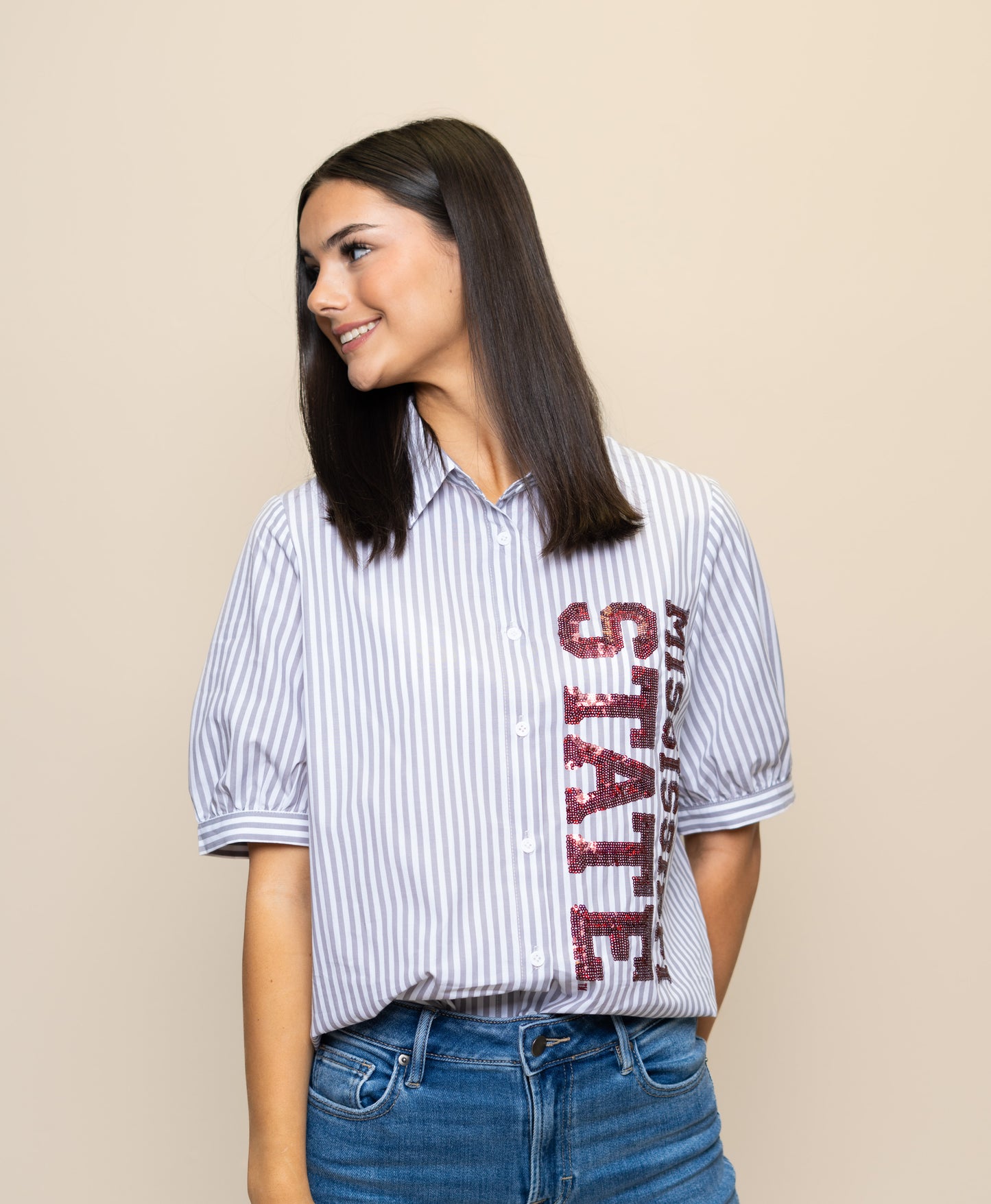 Wholesale | Mississippi State(Licensed) | Women's Vertical Logo Sequin Design Button Down (Maroon Stripe)