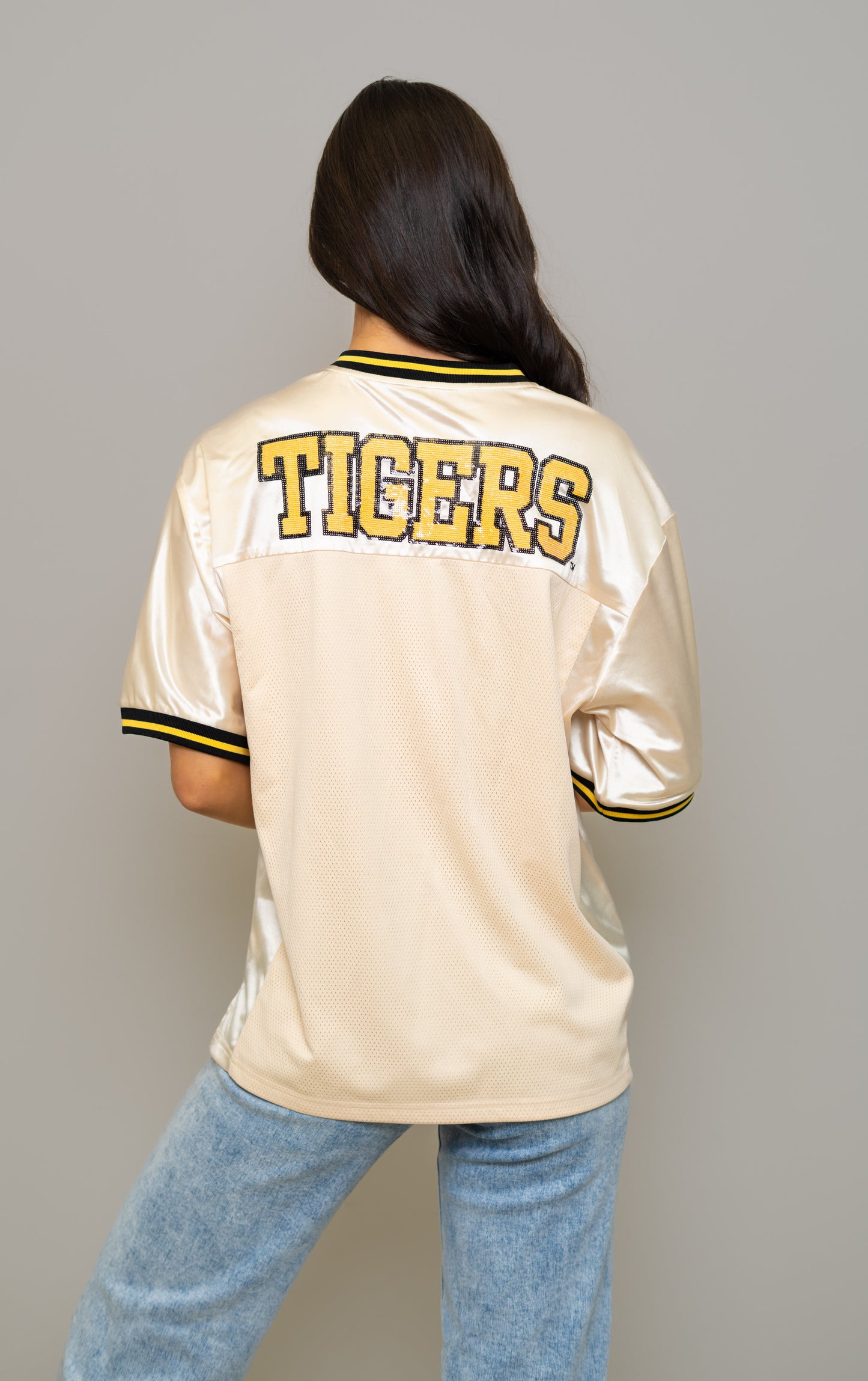 **PRE-ORDER** Wholesale | Mizzou Tigers (Licensed) | Women's Sequin Design Football Jersey (Cream)
