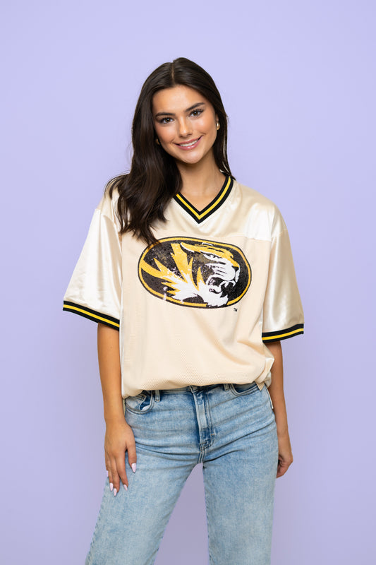 **PRE-ORDER** Wholesale | Mizzou Tigers (Licensed) | Women's Sequin Design Football Jersey (Cream)