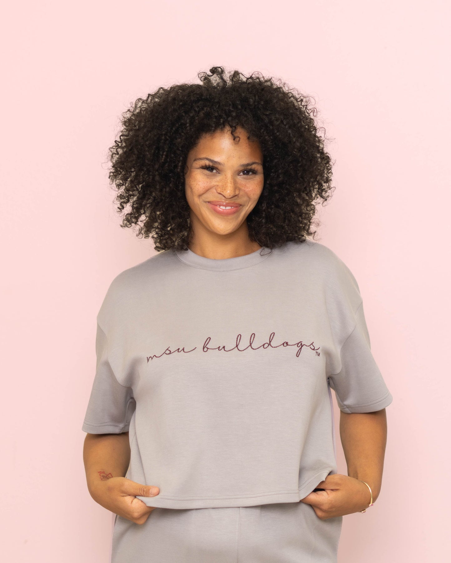 Mississippi State "MSU Bulldogs" (Licensed) | Women's Buttery Soft Crop Tee (Gray)